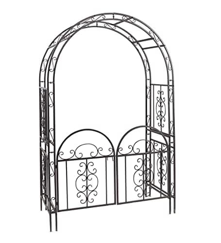Plow & Hearth Arch Metal Outdoor Garden Arbor Double Gate | Montebello | 7 Feet Tall | Gunmetal Black | Trellis Lattice Climbing Plants