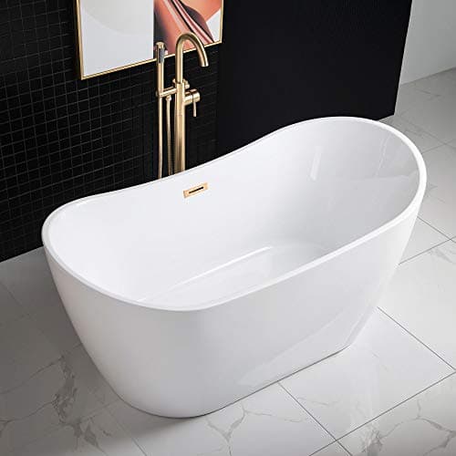 WOODBRIDGE 59" Acrylic Freestanding Bathtub Contemporary Soaking White Tub with Brushed Gold Overflow and Drain，BTA1516-BG-Drain-&O