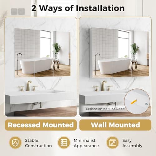 GOFLAME Medicine Cabinet with Mirror, Frameless Bathroom Wall Mounted Mirror Cabinet with 3 Doors and Adjustable Shelves, Bathroom Mirror with Storage, Recess or Surface Mount Installation