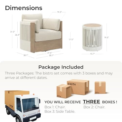 CHITA 3 Pieces Boho Patio Rattan Bistro Set, Outdoor Wicker Furniture Swivel Chairs & Side Table Set with 2 Arm Pillows, Acacia Wood Frame, Fully Assembled(Cream)