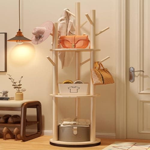Solid Wood Rotary Coat Rack, Freestanding Coat Rack with 3 Shelves and 9 Hooks, Coat Tree for Bedroom, Entryway, Livingroom, Coat Hanger Stand,Walnut