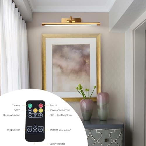 Battery Picture Light 3W 16” Wireless Art Lights for Paintings Brass Gold Rechargeable Gallery Light 3CCT Display Light with Remote and Timer Dimmable Wall Light for Portrait Dartboard Canvas