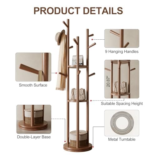 Solid Wood Rotary Coat Rack, Freestanding Coat Rack with 3 Shelves and 9 Hooks, Coat tree for Bedroom, Entryway, Livingroom, Coat Hanger Stand for Coats, Scarves, Handbags (Walnut)
