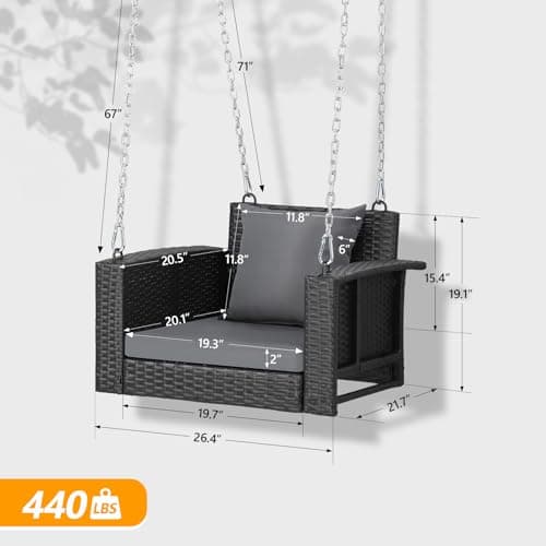 VINGLI 2.2 FT 1-Person Use Rattan Porch Swing Outdoor Support 440 LBS with Cushions & Adjustable Chains, Patio Wicker Swing Bench Chair for Garden, Yard, Lawn, Tree, Black