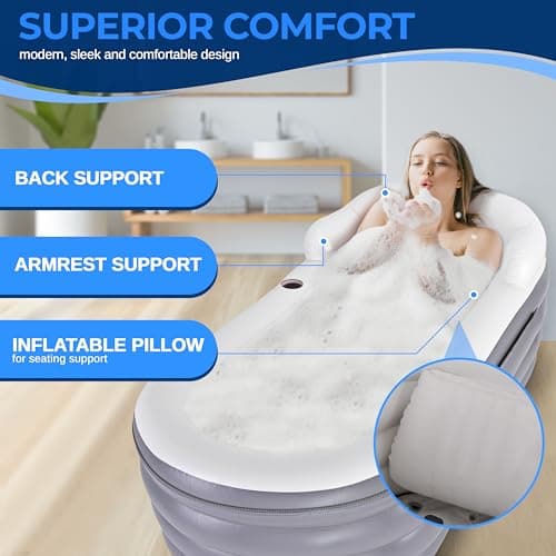 SereneLife Spa Bathtub with Bubble Massage Mat – Inflatable Bathtub with Pillow, Cup Holder, Remote Control for LED Lighting, Backrest and Armrests, Supporting Up To 190 lbs. 66" x 30" x 26"