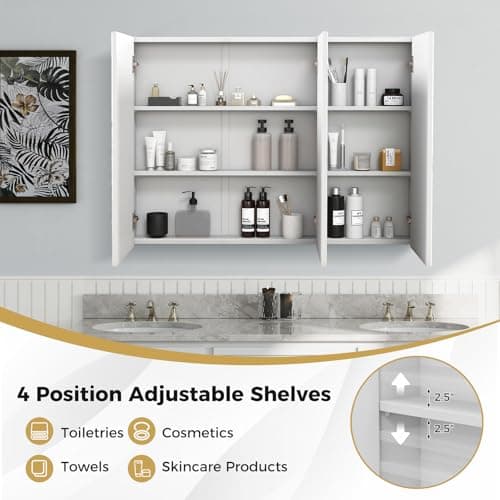 GOFLAME Medicine Cabinet with Mirror, Frameless Bathroom Wall Mounted Mirror Cabinet with 3 Doors and Adjustable Shelves, Bathroom Mirror with Storage, Recess or Surface Mount Installation