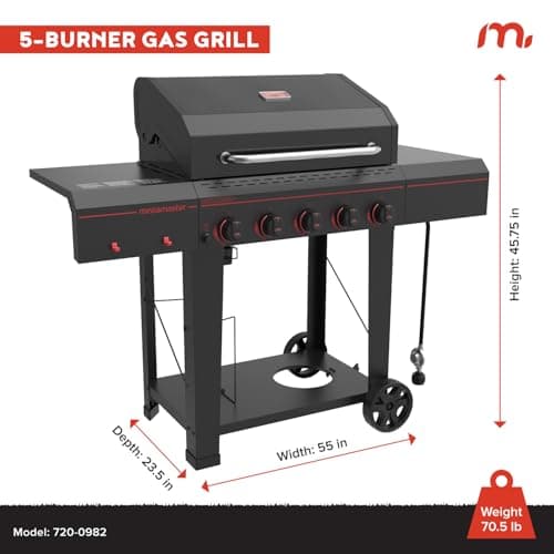 720-0982 5 Burner Propane Barbecue Gas Grill, Side Shelves with Hooks, for Outdoor Cooking, Patio, Garden Barbecue Grill, 50000 BTUs, Open Chart, Black