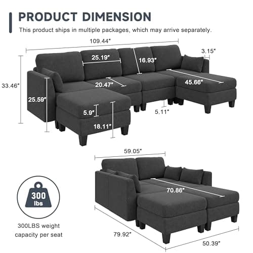Modular Sectional Sofa, Convertible U Shaped Sofa Couch with High Density Memory Foam, 6 Seat Comfy Modular Sofa Couch for Living Room, Modern U Shaped Sectional Sofa, Dimgrey