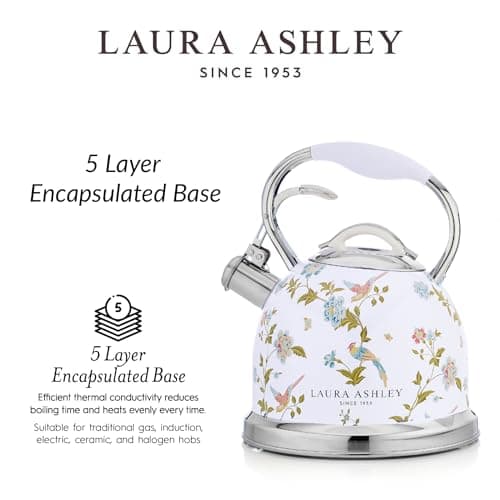 Laura Ashley Elveden White Stovetop Kettle with Whistle - 2.5L Fast Boil Stainless Steel Kettle Stove Top - Silicon Coated Cool Handle Camping Kettle for Gas, Induction Hob - Compatible with Aga Stove
