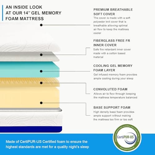 Premium King Adjustable Bed Base with 14 Inch Prime Gel Memory Foam Mattress, Premium Loaded Features
