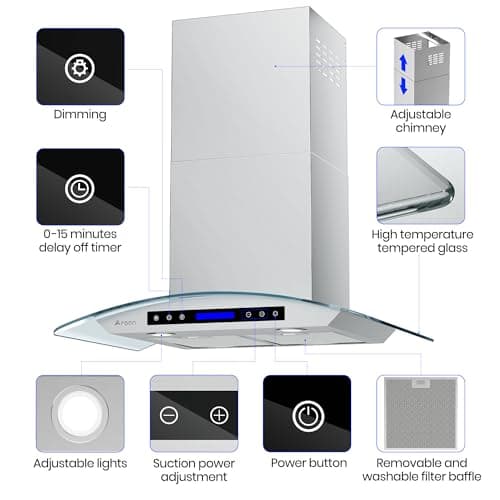 AROAN 30 inch Wall Mount Glass Range Hood, Stainless Steel Kitchen Chimney Vent Hood with 780 CFM & Four-Speed Touch Panel, 2pcs Adjustable LED, Tempered Glass Visor (PA03-30)