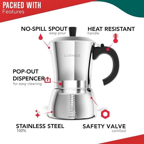 LuxHaus Moka Pot - 3 Cup Stovetop Espresso Maker - 100% Stainless Steel Italian and Cuban Mocha Coffee Maker