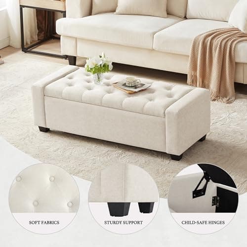 Ottoman with Storage, Storage Ottoman Bench with Safety Hinge, Upholstered Entryway Bench with Seating for Bedroom, Living Room, Holds up to 330 lb, Beige