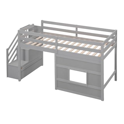 SOFTSEA Low Loft Bed with Stairs, Twin Size Loft Bed with Storage Staircase and Window, Kids Low Loft Bed Frame with Playhouse for Teens Juniors, No Box Spring Needed, Grey