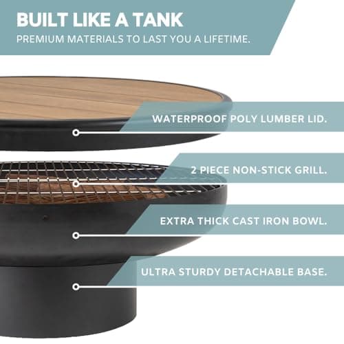 32 Inch Round Fire Pit Table with Fire Pit Grill, Extra Thick, Heavy Duty Fire Bowl, Deep Outdoor Firepit, Wood Burning Firepits for Outside Patio, Backyard Fire Pits, Large BBQ Pit