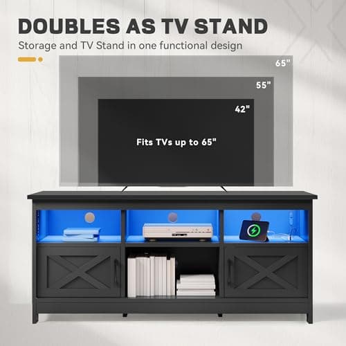 YITAHOME TV Stand for 65 Inch TVs, Entertainment Center with Storage Cabinets, Power Outlet & LED Light, Media Console Living Room Furniture, Black
