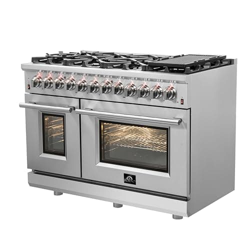Forno Massimo 48" Freestanding Dual Fuel Range with 8 Sealed Burners 107,000 BTU, Wok Support & Griddle, 6.58 cu.ft. Oven - Modern Design Fuel Range with Pro-Style Handle and Zinc Coated Metal Knobs