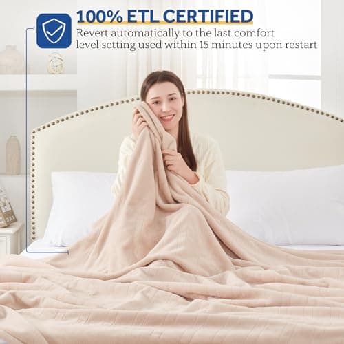 Sealy Electric Blanket Twin Size, Flannel Heated Blanket with 10 Heating Levels & 1-12 Hours Auto Shut Off, Fast Heating Warm Blanket, Machine Washable, Beige, 62 x 84 Inch