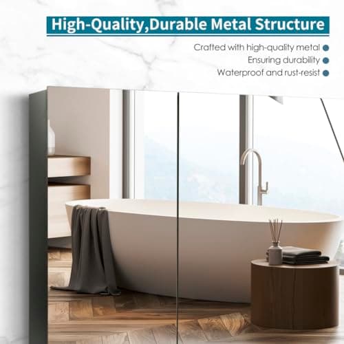 Movo 40 Inch x 28 Inch Black Bathroom Mirror Medicine Cabinet, Frameless Large Wall Mount Medicine Cabinet with 3 Doors,Rmovable Shelves