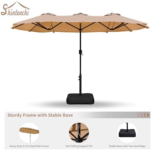 Shintenchi 13FT Large Patio Umbrella with Base, Outdoor Double-Sided Rectangular Shade with Crank Handle for Poolside Lawn Garden, Khaki