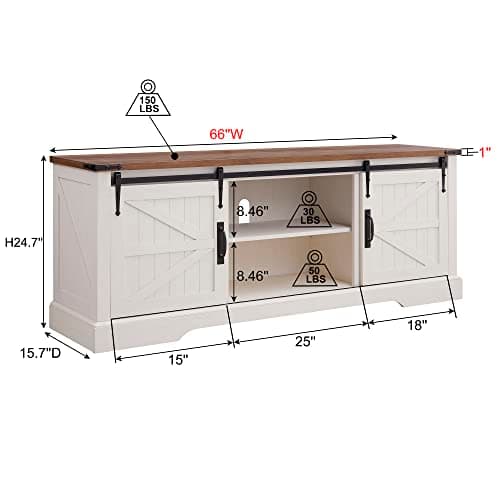 OKD Farmhouse TV Stand for 75 Inch TV with Sliding Barn Door, Rustic Wood Entertainment Center Large Media Console Cabinet Long Television Stands for 70 Inch TVs, Antique White