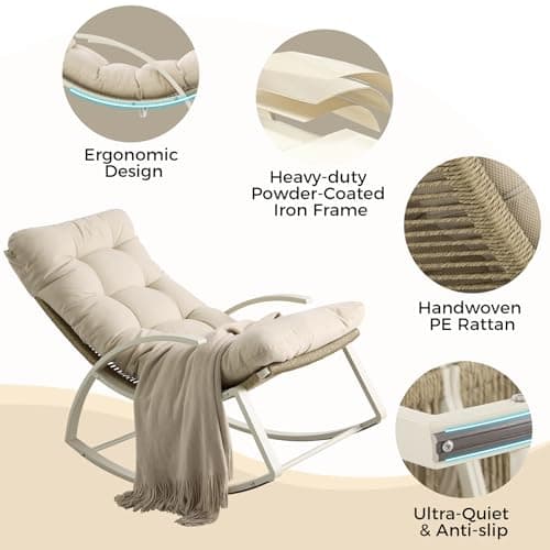 IRONCK Patio Rocking Chair, Outdoor Rocking Chair with Armrest and Cushion, Handwoven Twisted Rattan Rocker for Indoor Living Room Balcony Garden Porch, Beige