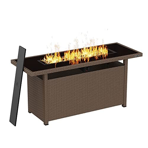EAST OAK 57" Gas Fire Pit Table, 60,000 BTU Propane Fire Pit w/Large Tempered Glass Desktop, CSA Certified Outdoor Patio Fire Table with 9.2lb Glass Stone & Removable Lid, Chocolaty Coffee