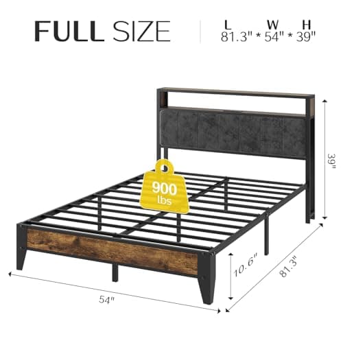 OLEVS Full Bed Frame with Headboard, Metal Platform Bed Full Size with 2-Tier Storage, LED Light & Charging Station Type C, No Box Spring Needed