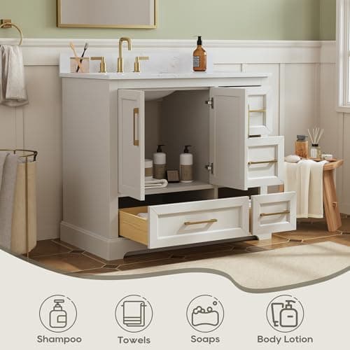 36 Inch Bathroom Vanity with Sink, Solid Wood Frame with Engineered Marble Top, Fully Assembled Storage Cabinet with 2 Soft-Closing Doors & 4 Drawers, Backspalsh, Greige
