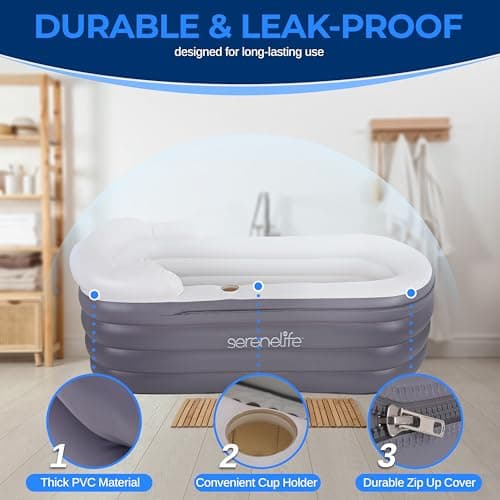 SereneLife Spa Bathtub with Bubble Massage Mat – Inflatable Bathtub with Pillow, Cup Holder, Remote Control for LED Lighting, Backrest and Armrests, Supporting Up To 190 lbs. 66" x 30" x 26"