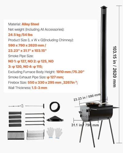 VEVOR 118" Camping Wood Stove, Portable Alloy Steel Tent Stove with 3000in³ Firebox, Outdoor Heating & Cooking Stove with Chimney Pipes & Gloves, Includes 8 Pipes for Efficient Heating