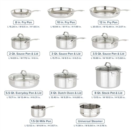 Viking 3-Ply Pots and Pans Set, 17 Piece Stainless Steel Cookware Glass Lids, Steamer Insert, Silver