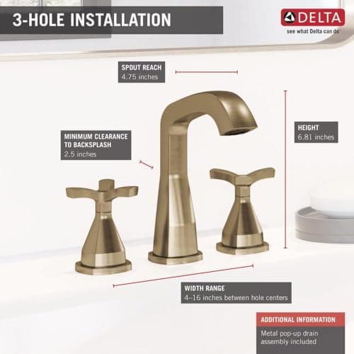 Delta Faucet Stryke Widespread Bathroom Faucet 3 Hole, Gold Bathroom Faucet with Cross Handles, Diamond Seal Technology, Metal Drain Assembly, Champagne Bronze 357766-CZMPU-DST