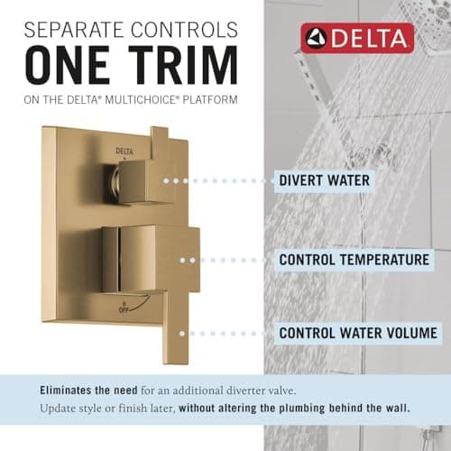 Delta Modern 14 Series Square Rain Shower System Faucet Set, Rainfall Brushed Gold Shower Head and Handle Set, Valve Trim Kit, 10 Inch, Champagne Bronze 342701-CZ