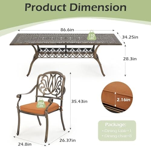 [Hi-End]Cast Aluminum Patio Furniture Set 9-Piece Outdoor Dining Set Includes 86.6’’ Rectangular Patio Table with Umbrella Hole and 8 Cushioned Dining Chairs,Rust-Free for Patio Deck Garden Pool