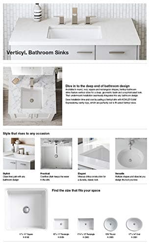KOHLER Verticyl 17" Rectangular Undermount Bathroom Sink, White, Overflow Drain, Undermount Installation