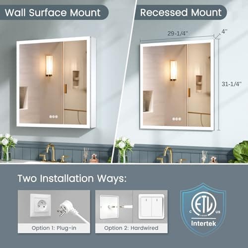 30x32 Inch Lighted Medicine Cabinet, AL Alloy Frame, Plug-in or Hardwired, Recessed or Wall Mount, Mirror Doors/3 Colors/Dimmable/Interior Sensor Light/Anti-Fog, 2 Outlets &USBs, 3 Shelves