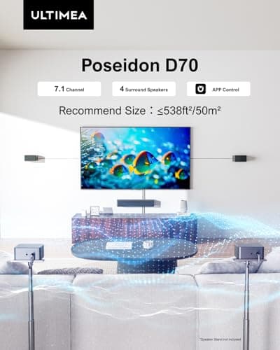 ULTIMEA 7.1ch Soundbar with Wireless Subwoofer, Virtual Surround Sound System for TV, App Control, 410W Peak Power, Sound bar for TV, 4 Wired Surround Speakers, Home Theater Sound System Poseidon D70
