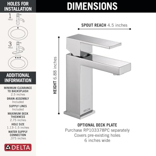 Delta Faucet Modern Single Hole Bathroom Faucet, Chrome Single Handle Bathroom Faucet, Bathroom Sink Faucet, 1.2 GPM, Push Pop-Up Drain Assembly, Chrome 567LF-PP