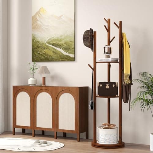 Tangkula Coat Rack Freestanding, Rotary Wooden Coat Tree with 3 Display Storage Shelves & 9 Hooks for Coats, Scarves, Hats & Bags, 66 Inches Coat Hanger Stand for Entryway, Bedroom, Office (Walnut)
