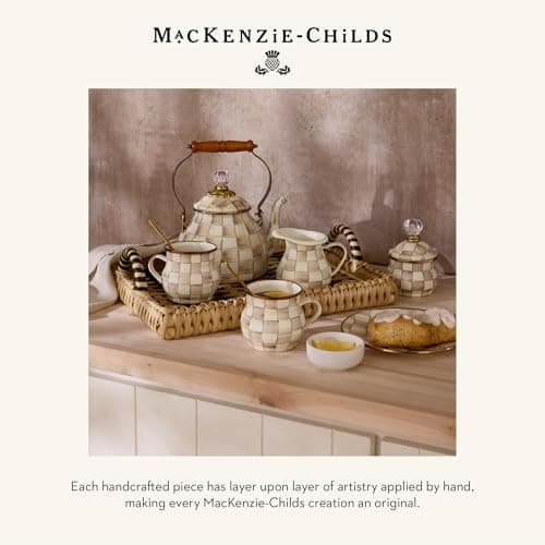 MACKENZIE-CHILDS Enamel Whistling Tea Kettle, Decorative Teapot for Stovetop, Brown-and-White Mocha Check