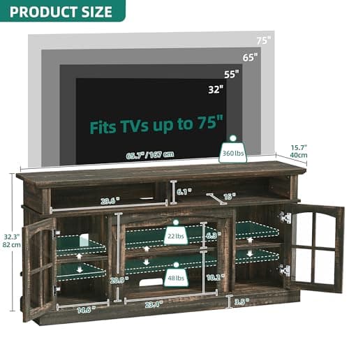 YITAHOME LED Farmhouse TV Stand for 75 Inch w/Outlets, Modern Entertainment Center with Glass Doors and Adjustable Storage Shelves, Media Console TV Cabinet for for Living Room, Dark Rustic Oak