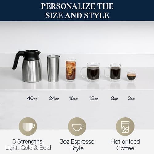 De'Longhi TrueBrew Drip Coffee Maker, Built in Grinder, Single Serve, 8 oz to 24 oz with 40 oz Carafe, Hot or Iced Coffee, Stainless,CAM51035M, Silver/Black