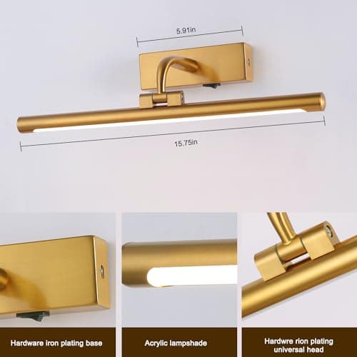 Battery Picture Light 3W 16” Wireless Art Lights for Paintings Brass Gold Rechargeable Gallery Light 3CCT Display Light with Remote and Timer Dimmable Wall Light for Portrait Dartboard Canvas