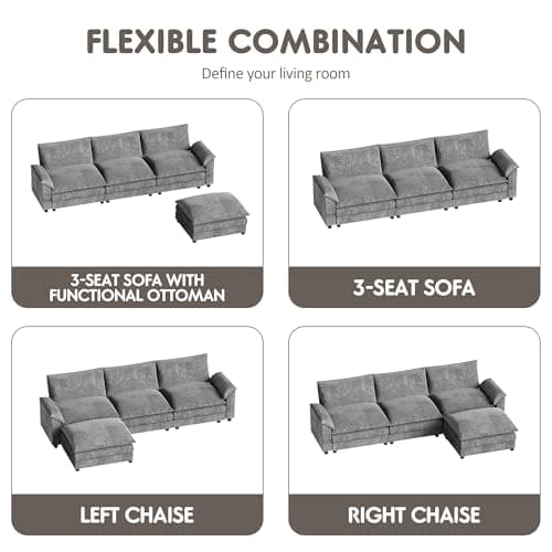 Homall 119" Modular Sectional Sofa, L Shaped Sofa Couch with Reversible Ottoman, DIY Combination Chenille Deep 3-Seat Cloud Couch for Living Room, Apartment (Light Grey, L Shaped Sofa)