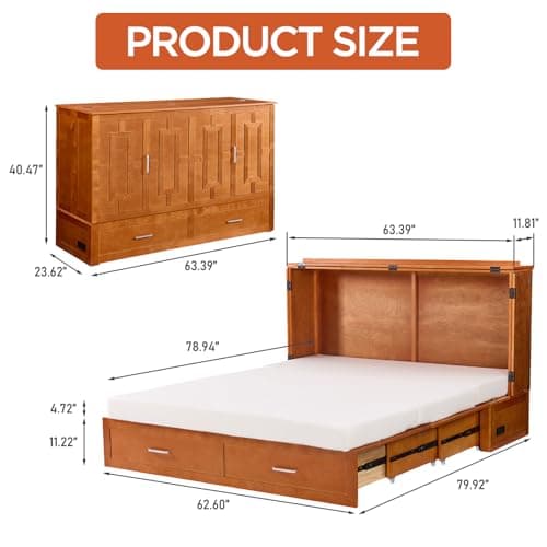 Queen Murphy Bed with Tri-Folding Mattress, Space-Saving Queen Size Wall Bed Built-in Charging Station, Foldable Murphy Bed Cabinet with 2 Storage Drawers for Bedroom, Guest Room, Cherry