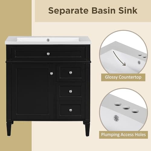 Modern 30" Bathroom Vanity with Sink, Bathroom Storage Cabinet with 2 Drawers, 1 Tip-Out Drawer and 1 Door, Freestanding Bathroom Vanities, Soft Closing, Solid Wood Frame