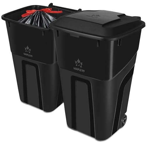 Trash Can With Lid - Ultimate Strength 32 Gallon Wheeled Garbage Can Trash Container - Professional Grade Outdoor Waste Bin with Secure Snap Lid and Ergonomic Handles, Outdoor Recycling Bins, 2 Pack