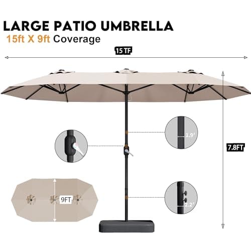 15ft Patio Umbrella with Base,Large Outdoor Double-Sided Rectangle Umbrella with Crank Handle, Market Umbrella for Poolside Garden Deck Backyard Beach Pools, Beige