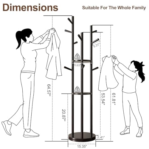 KungFuWood Coat Rack, Solid Wood Rotary Coat Rack Stand, Freestanding Coat Rack with 3 Shelves and 9 Hooks, Sturdy and Easy to Assemble Coat Tree for Entryway, Bedroom, Coats, Bags (Black)